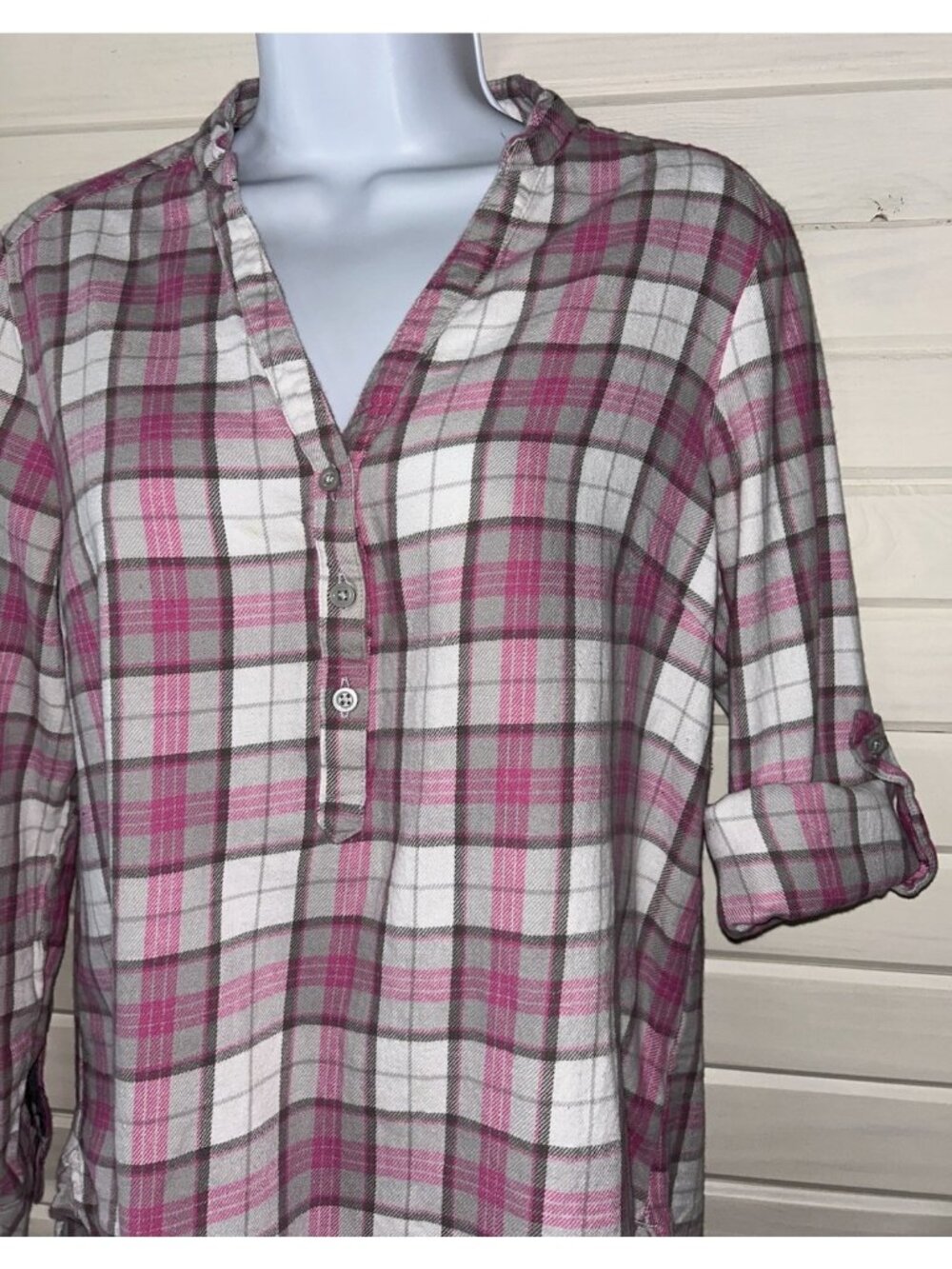 Riders Lee Sz SMALL Flannel Pink Gray Plaid Blouse Cotton V-Neck Popover EUC